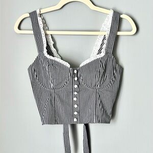 Altar’d State Gingham Lace Corset Tie Back Crop Top |Black & White | Size XS NWT
